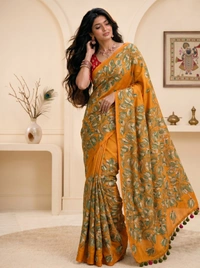 SKU0604 : Pure Silk Kantha Stitch Saree – Handcrafted Bengal Heritage - Normal Length 6.3 mtr Plus, Kantha Stitch, Dry Clean Only, Yes