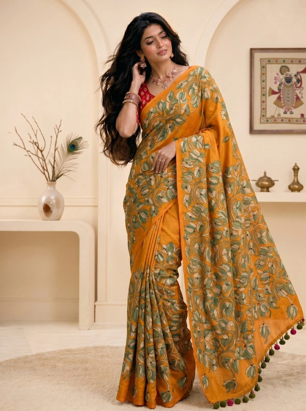 SKU0604 : Pure Silk Kantha Stitch Saree – Handcrafted Bengal Heritage - Normal Length 6.3 mtr Plus, Kantha Stitch, Dry Clean Only, Yes