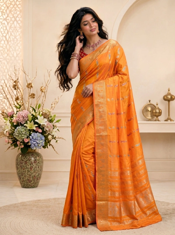 SKU0587 : Traditional Bengal Garad Silk Saree – Pure Handwoven Elegance | Swarnachari - Normal Length 6.3 mtr Plus, Zari Work, Dry Clean Only, Yes