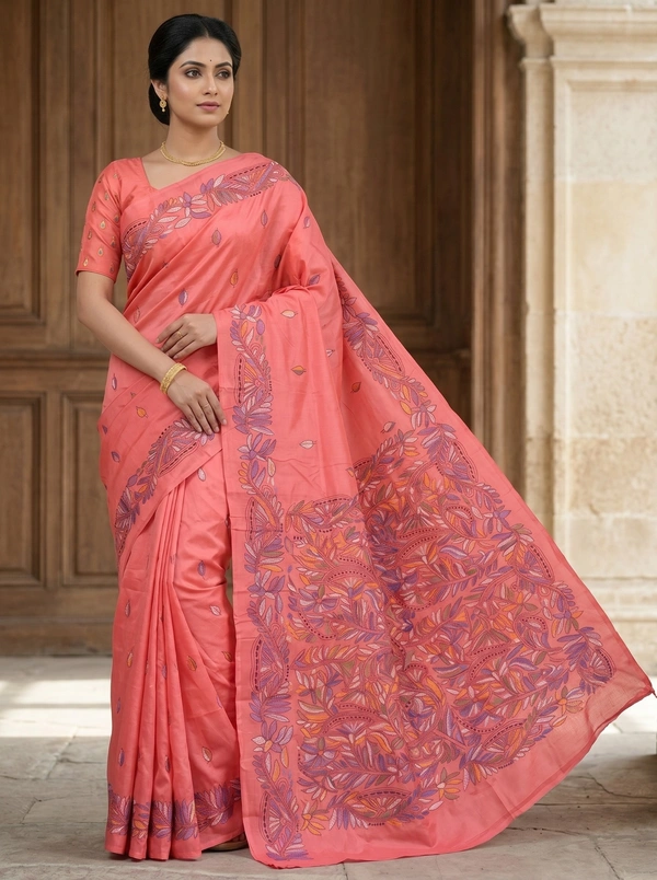 SKU0607 : Pure Silk Kantha Stitch Saree – Handcrafted Bengal Heritage - Normal Length 6.3 mtr Plus, Kantha Stitch, Dry Clean Only, Yes