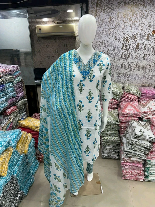 Cotton Kurti Pant Dupatta Set - Aqua Blue, M/38