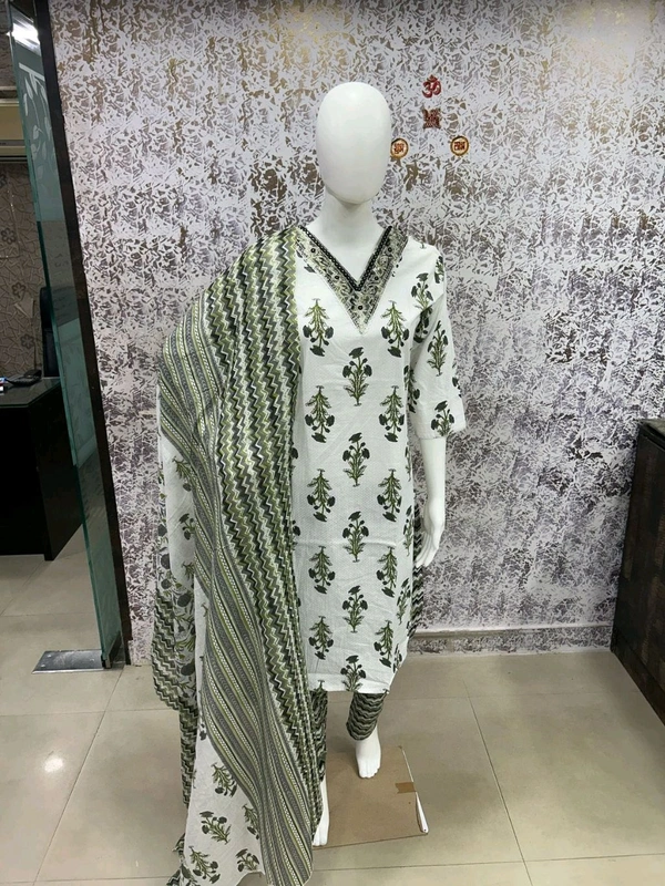 Cotton Kurti Pant Dupatta Set - Tan, M/38
