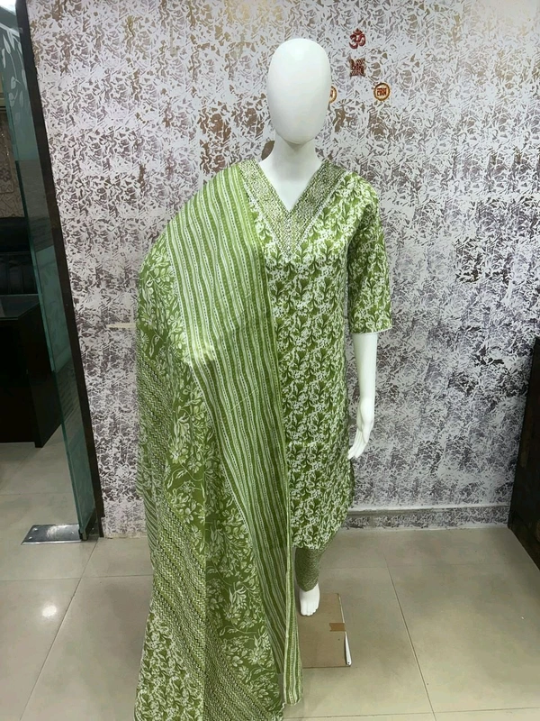 Cotton Kurti Pant Dupatta Set - Green, M/38