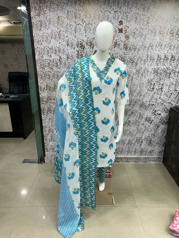 Cotton Kurti Pant Dupatta Set - Aqua Blue, M/38