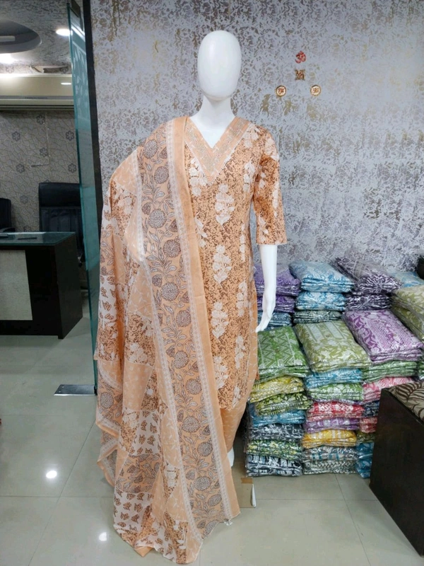 Cotton Kurti Pant Dupatta Set - Peach, XL/42