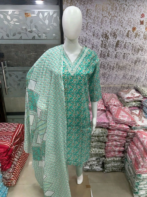 Cotton Kurti Pant Dupatta Set - Rama Green, L/40