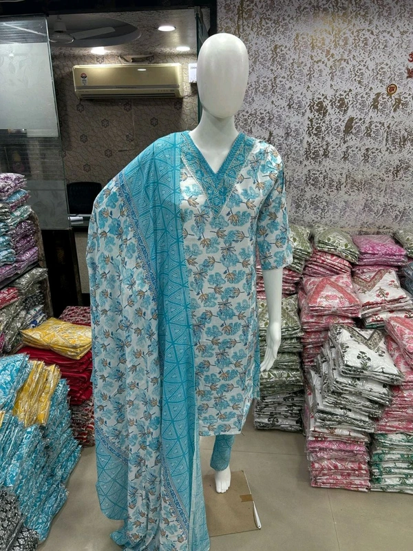 Cotton Kurti Pant Dupatta Set - Sky Blue, L/40