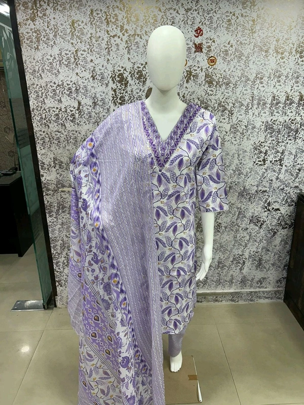 Cotton Kurti Pant Dupatta Set - Lavender, XL/42
