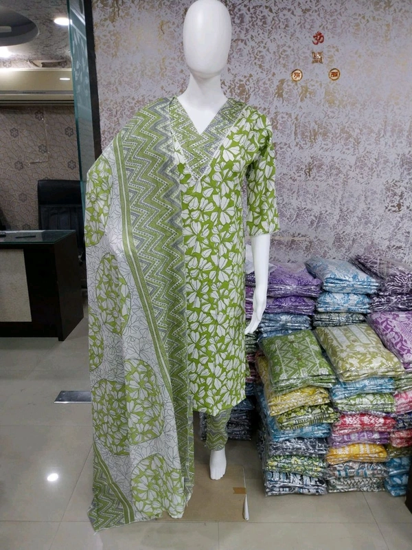 Cotton Kurti Pant Dupatta Set - Light Green, M/38