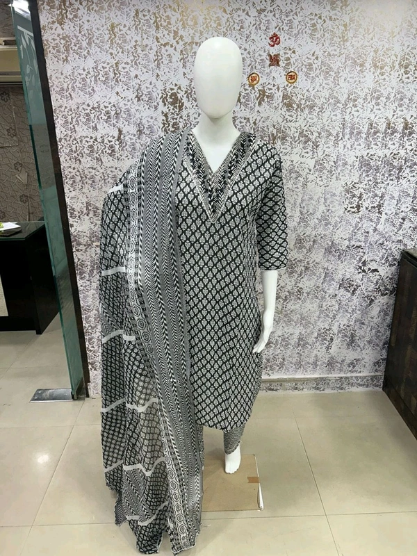Cotton Kurti Pant Dupatta Set - Black, L/40