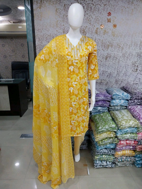 Cotton Kurti Pant Dupatta Set - Yellow, XL/42