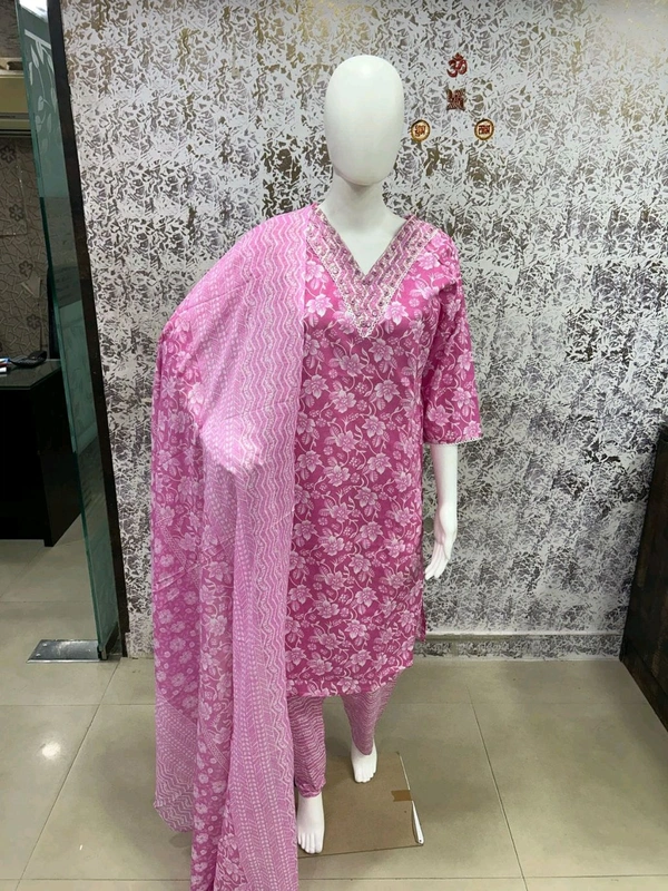 Cotton Kurti Pant Dupatta Set - Pink, XXL/44