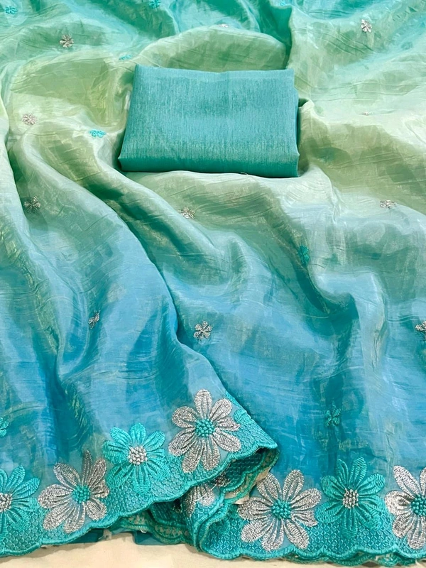 Double Shade Chiffon Crush Saree - Turquoise, Free Size