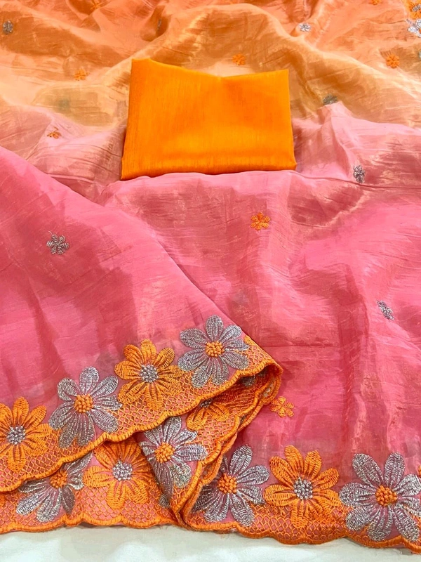 Double Shade Chiffon Crush Saree - Orange, Free Size