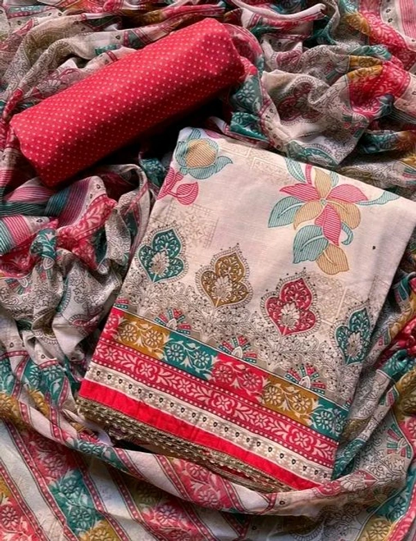 Cotton Blend Printed Suit Material With Chiffon Dupatta - Red, Free Size; Unstitched