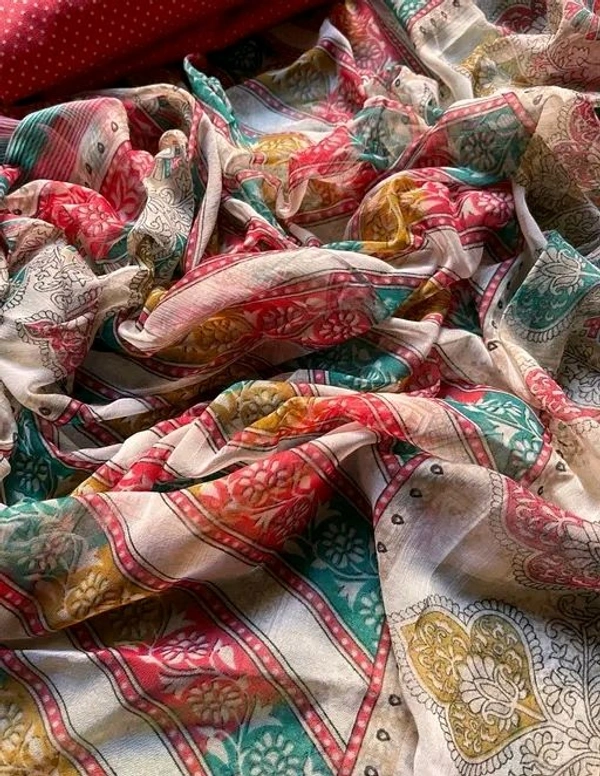 Cotton Blend Printed Suit Material With Chiffon Dupatta - Red, Free Size; Unstitched