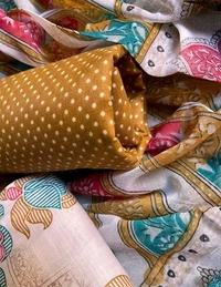 Cotton Blend Printed Suit Material With Chiffon Dupatta - Mustard, Free Size; Unstitched