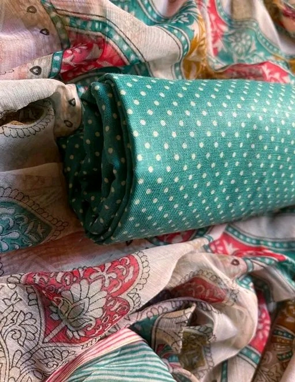 Cotton Blend Printed Suit Material With Chiffon Dupatta - Rama Green, Free Size; Unstitched