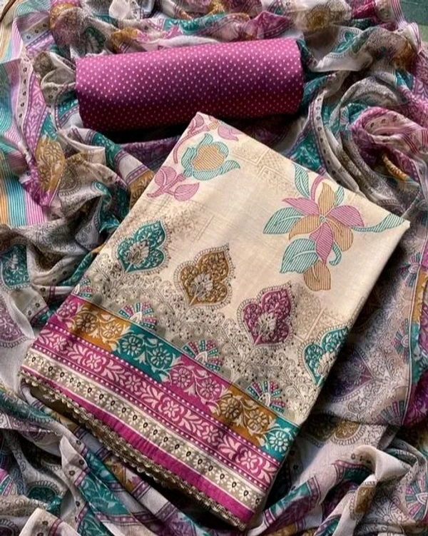 Cotton Blend Printed Suit Material With Chiffon Dupatta - Pink, Free Size; Unstitched