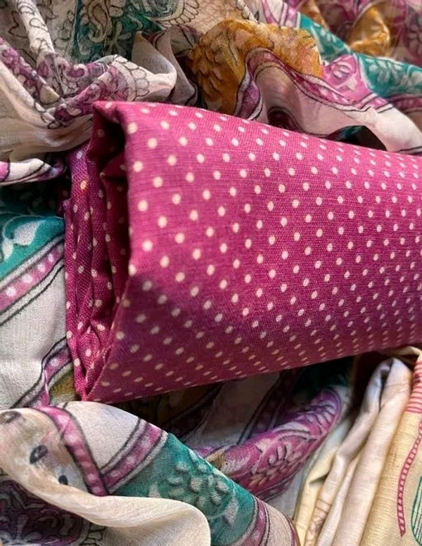 Cotton Blend Printed Suit Material With Chiffon Dupatta - Pink, Free Size; Unstitched