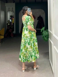 Three Layer Rayon Printed Frock - Grass green, Free Size; Up To 42"