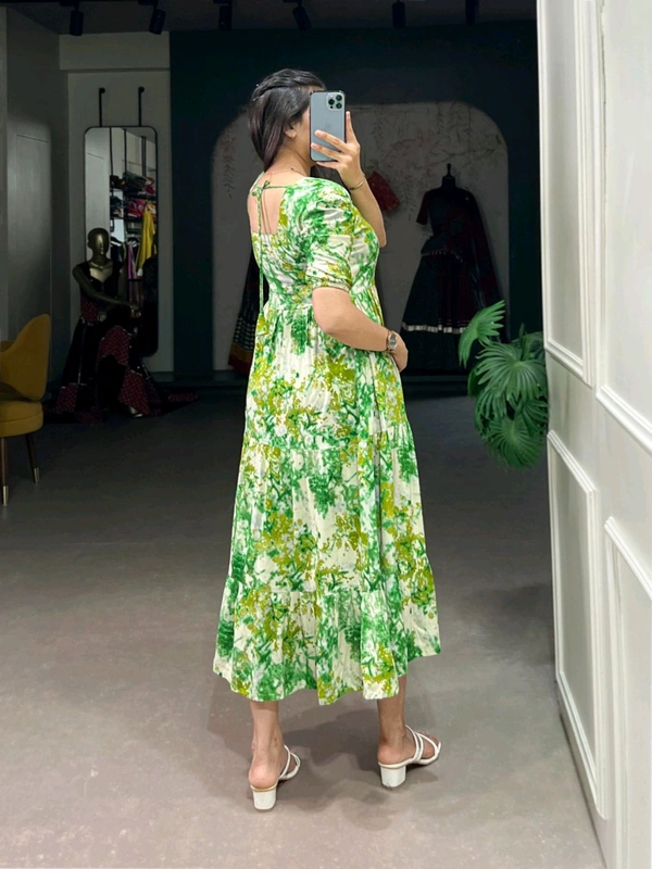 Three Layer Rayon Printed Frock - Grass green, Free Size; Up To 42"