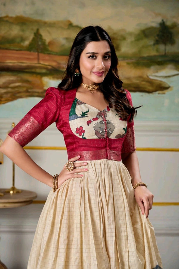 Kalamkari Printed Dola Silk Gown With Koti - Red, M/38