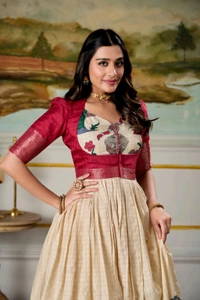 Kalamkari Printed Dola Silk Gown With Koti - Red, XL/42