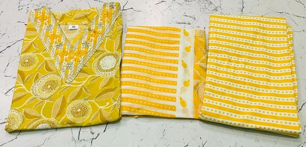 Premium Quality Cotton Kurti Pant Set - Yellow, L/40