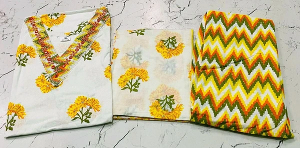 Premium Quality Cotton Kurti Pant Set - White Yellow, L/40