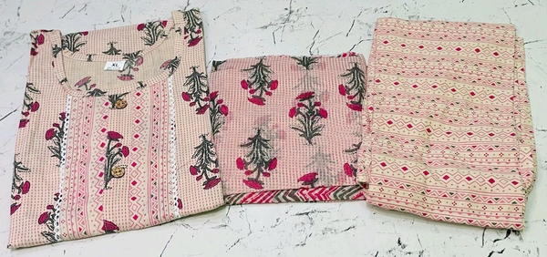 Premium Quality Cotton Kurti Pant Set - Pink, M/38