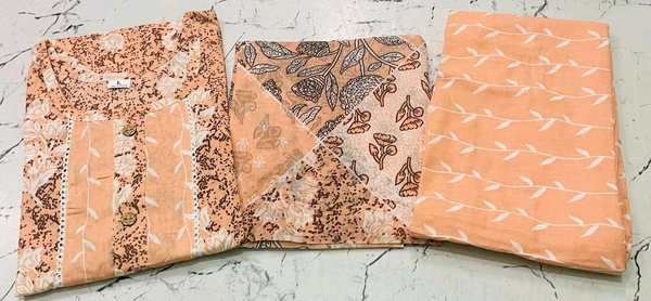 Premium Quality Cotton Kurti Pant Set - Peach, XL/42