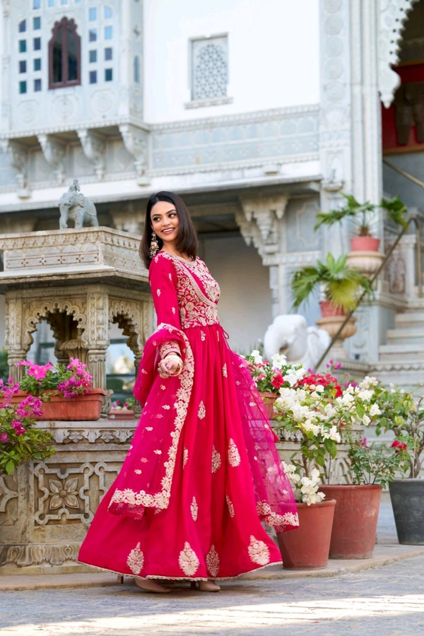 Vichitra Silk Ethnic Dress With Beautiful Heavy Embroidery Work - Cerise Red, M/38