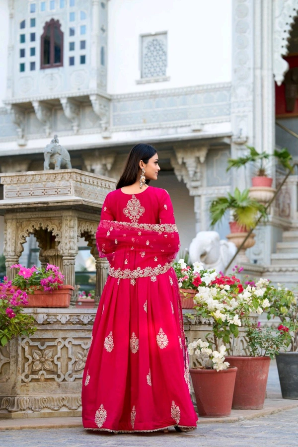 Vichitra Silk Ethnic Dress With Beautiful Heavy Embroidery Work - Cerise Red, L/40