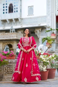 Vichitra Silk Ethnic Dress With Beautiful Heavy Embroidery Work - Cerise Red, XL/42