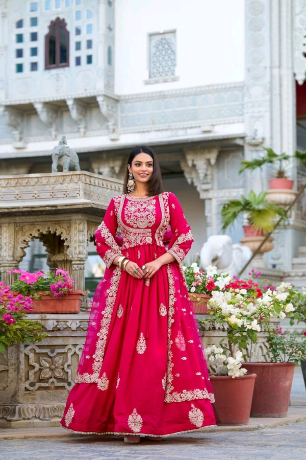 Vichitra Silk Ethnic Dress With Beautiful Heavy Embroidery Work - Cerise Red, XL/42