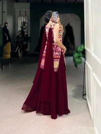 Traditional Gaji Silk Kurti Plazo With Dupatta - Wine, Free Size