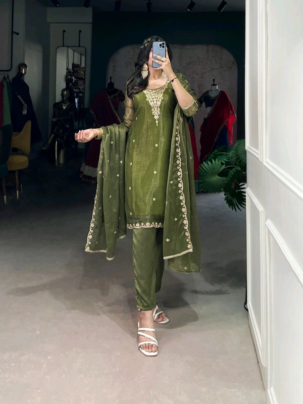 Olive Green Kurti Pant Dupatta Set - Olive Green, L/40