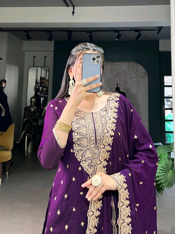 Beautiful Embroidered Purple Kurti Pant Set - Purple, L/40