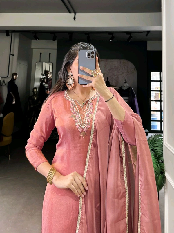 Graceful Peach Ethnic Suit With Handwork And Lace Touch Up - Peach, L/40