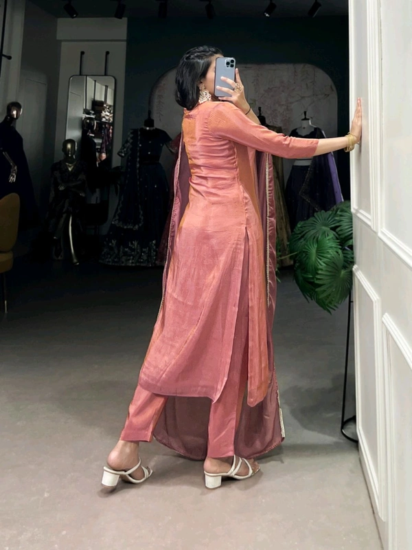 Graceful Peach Ethnic Suit With Handwork And Lace Touch Up - Peach, XL/42