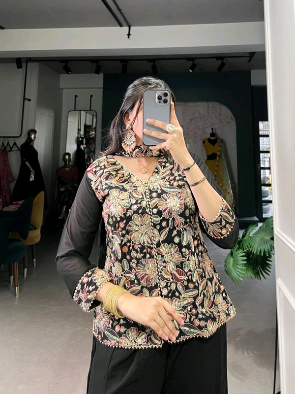 Ethnic Partywear Plazo Kurti Set With Heavy Embroidery Work 🖤 - Black, L/40