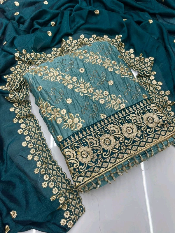 Pure Vichitra Silk Fancy Designer Pcs - Teal, Free Size