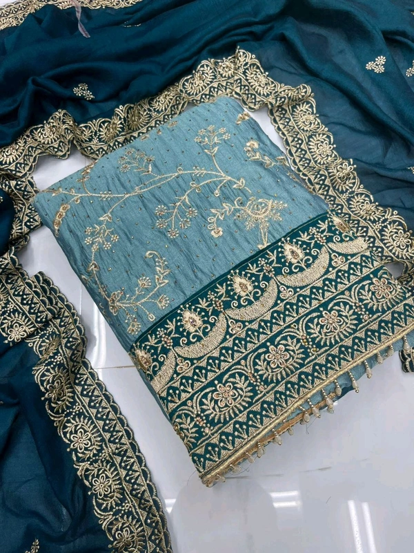 Pure Vichitra Silk Fancy Designer Pcs - Blue, Free Size