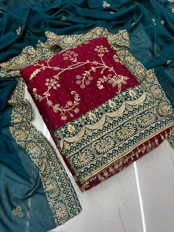 Pure Vichitra Silk Fancy Designer Pcs - Maroon, Free Size