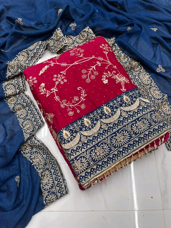 Pure Vichitra Silk Fancy Designer Pcs - Red, Free Size