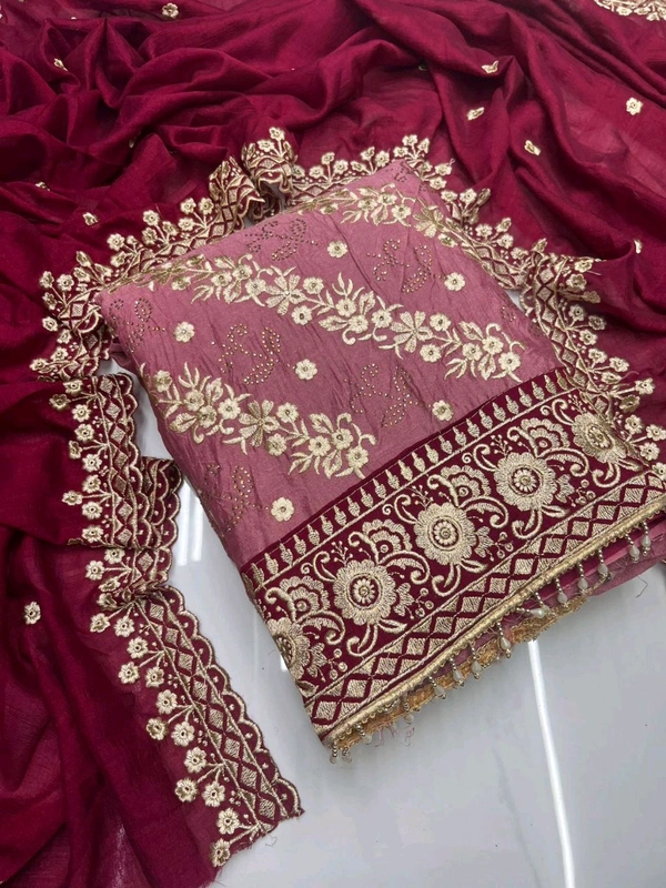 Pure Vichitra Silk Fancy Designer Pcs - Cherry Red, Free Size