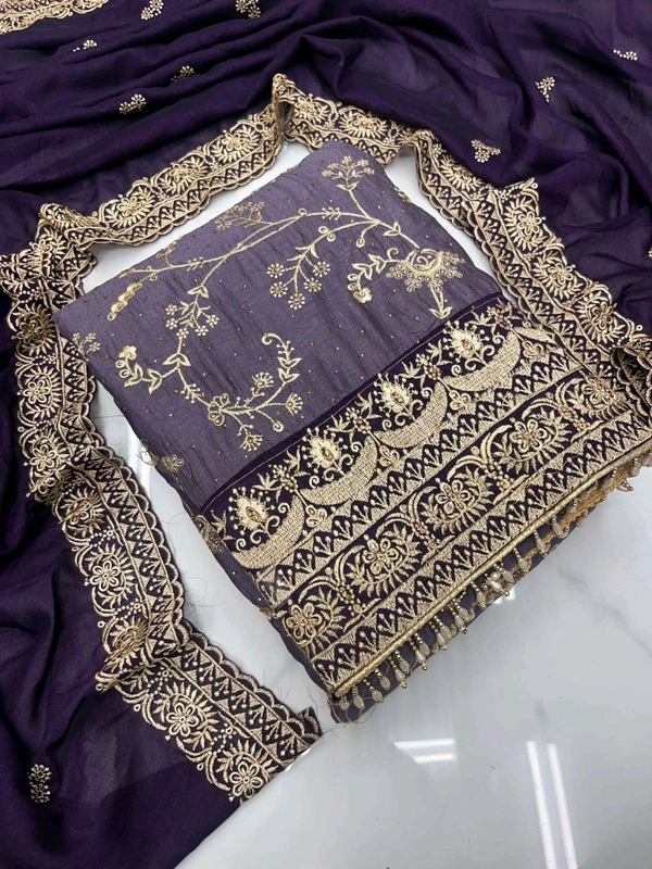 Pure Vichitra Silk Fancy Designer Pcs - Purple, Free Size