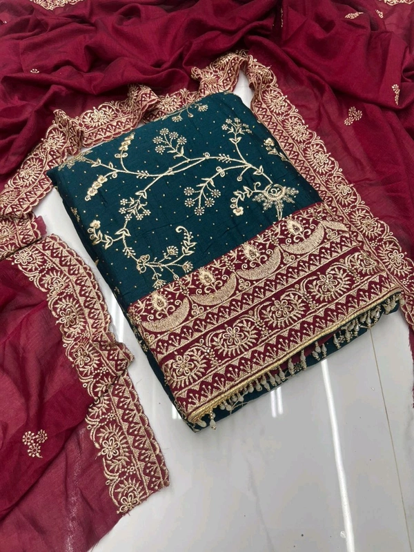 Pure Vichitra Silk Fancy Designer Pcs - Dark Green, Free Size