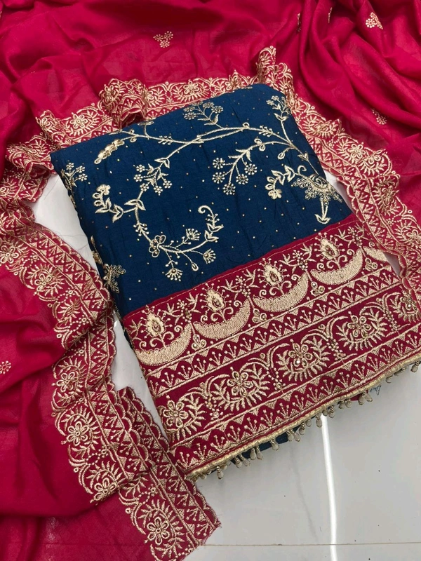 Pure Vichitra Silk Fancy Designer Pcs - Deep Blue, Free Size